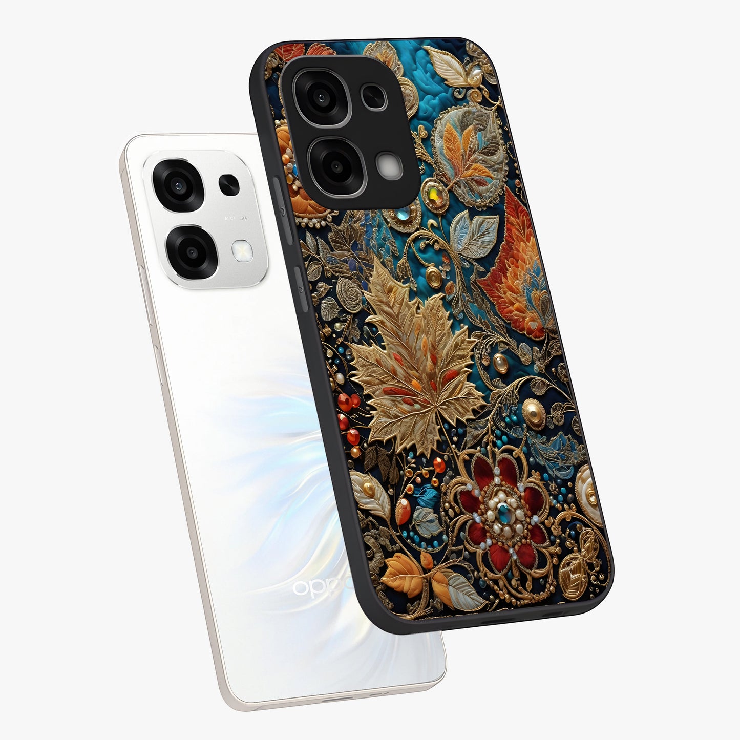 Royal Jewel Garden Glass Case displayed in angled mockup highlighting vibrant jewel inspired floral design with elegant aesthetic.