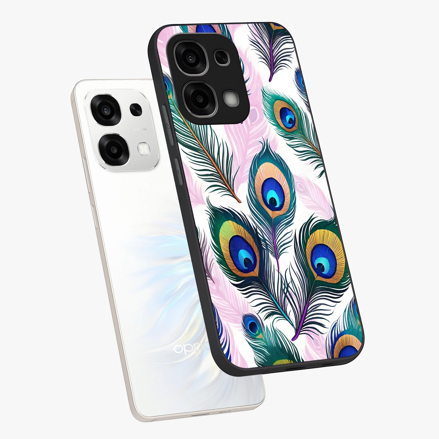 Royal Peacock Feathers Glass Case displayed in angled mockup highlighting vibrant feather pattern with regal aesthetic style.
