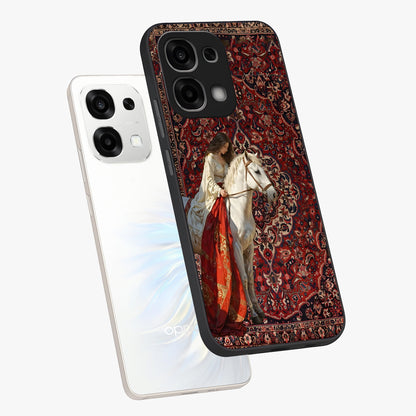 Royal Rider Tapestry Glass Case displayed in angled mockup highlighting traditional tapestry design with royal heritage aesthetic.