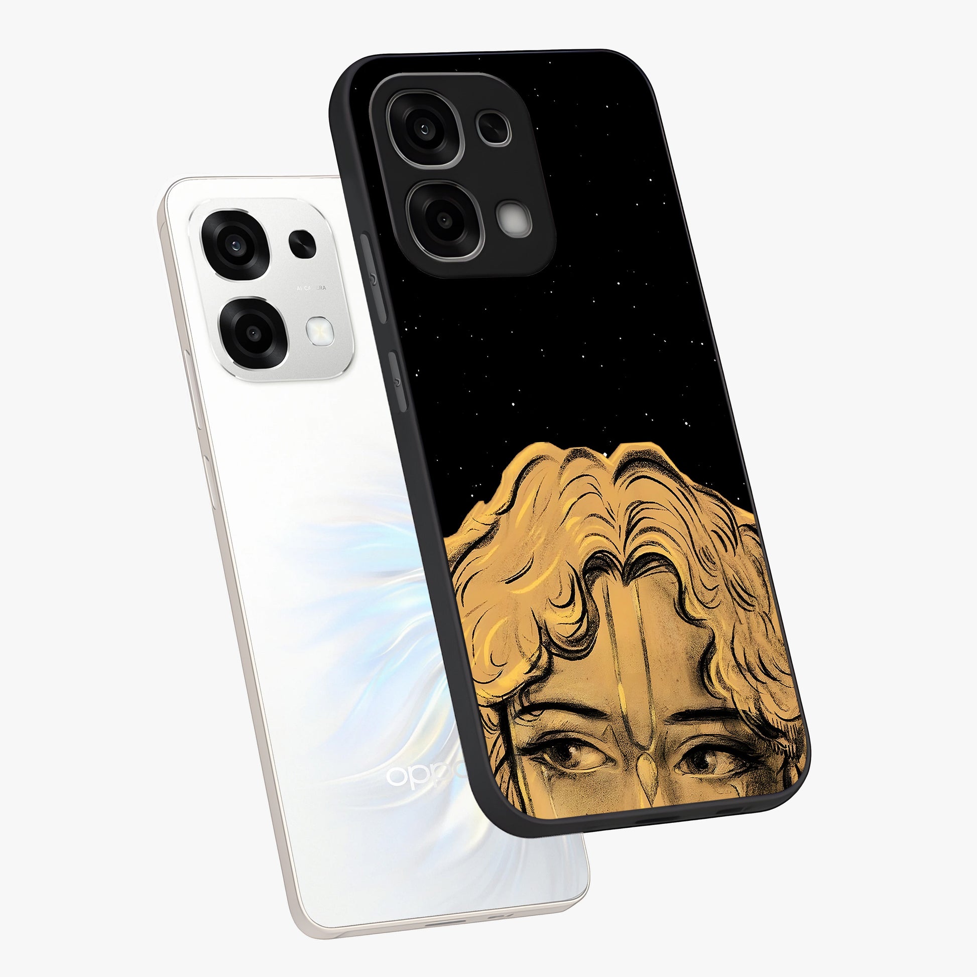 Shri Krishna Art Glass Case displayed in angled mockup highlighting spiritual Krishna illustration with divine aesthetic.