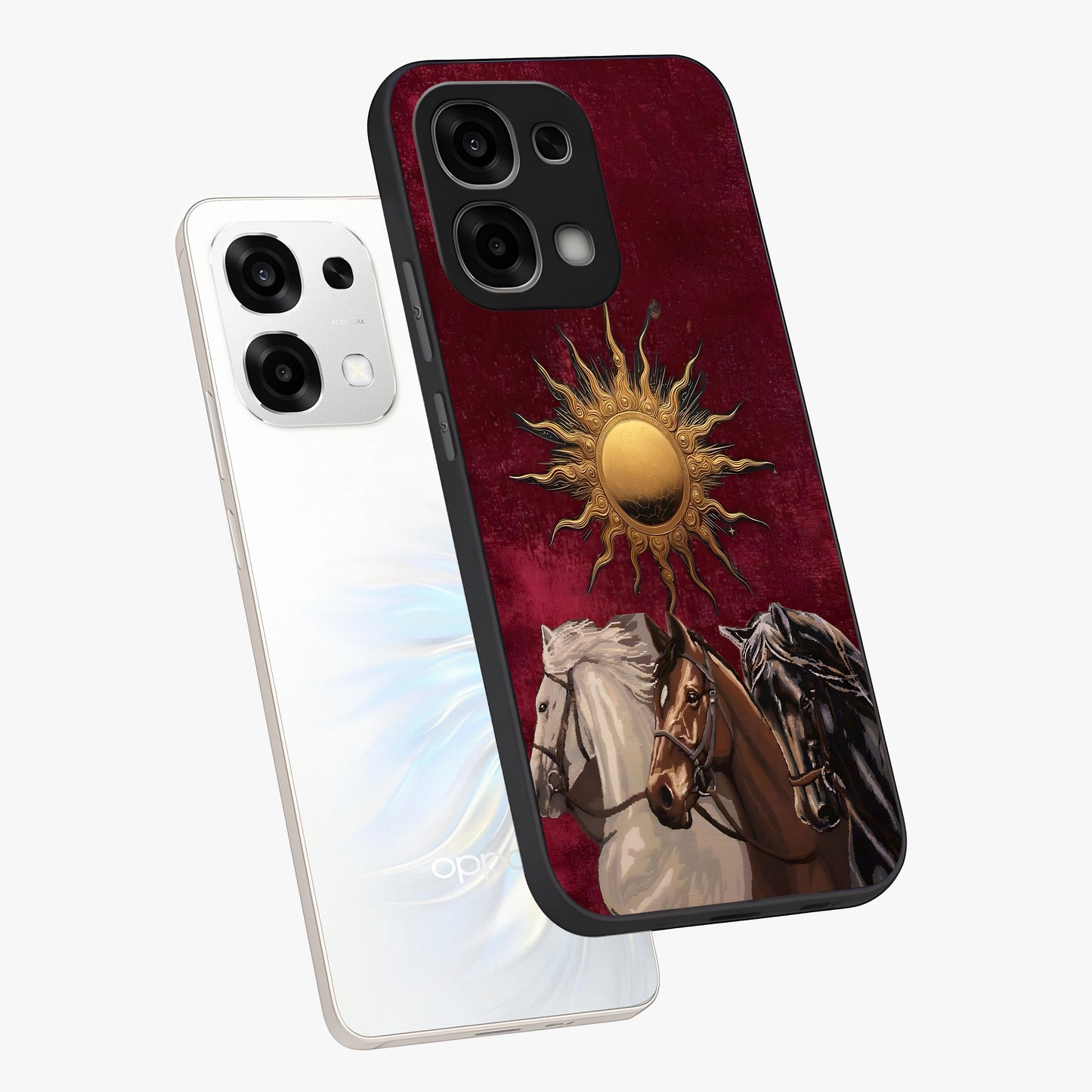 Solar Riders Glass Case displayed in angled mockup highlighting powerful rider illustration with radiant solar aesthetic.