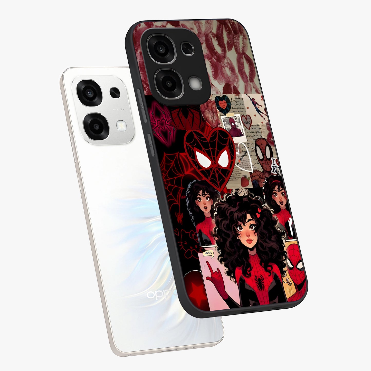 Spider Love Story Glass Case displayed in angled mockup highlighting expressive comic inspired design with playful aesthetic.
