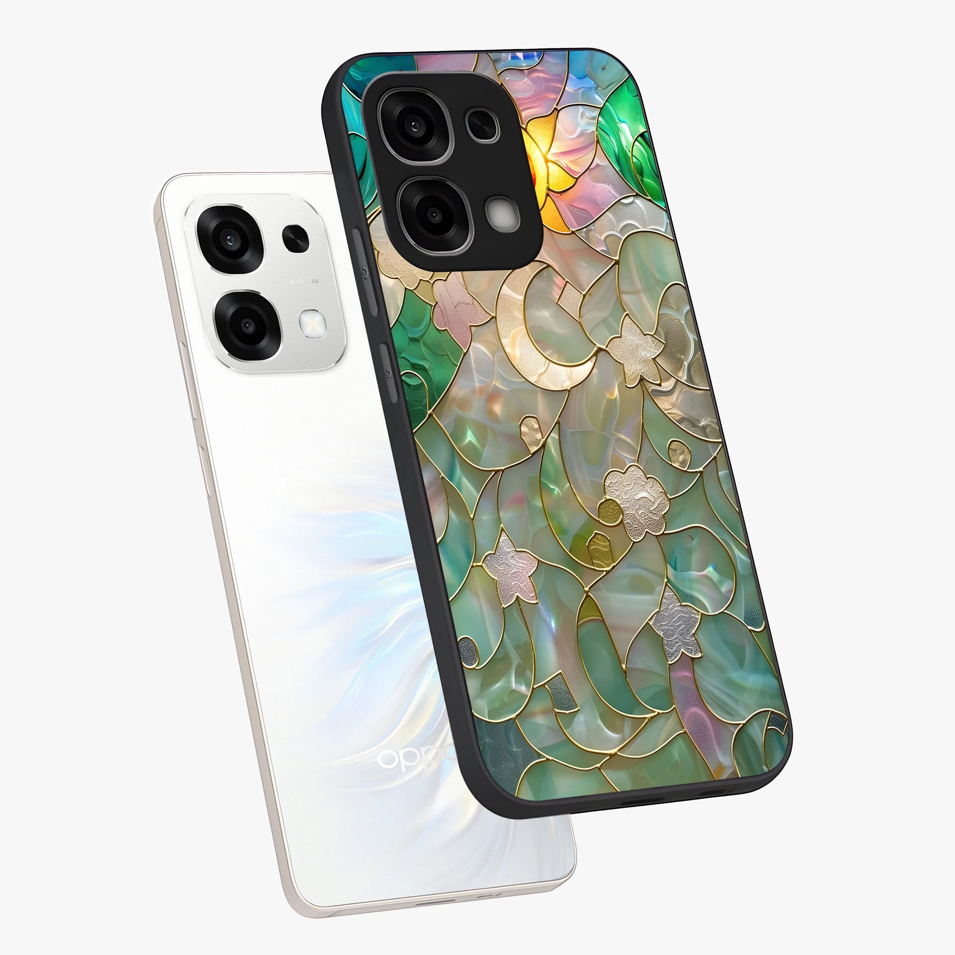Stained Sunrise Glow Glass Case displayed in angled mockup highlighting radiant sunrise design with artistic aesthetic style.