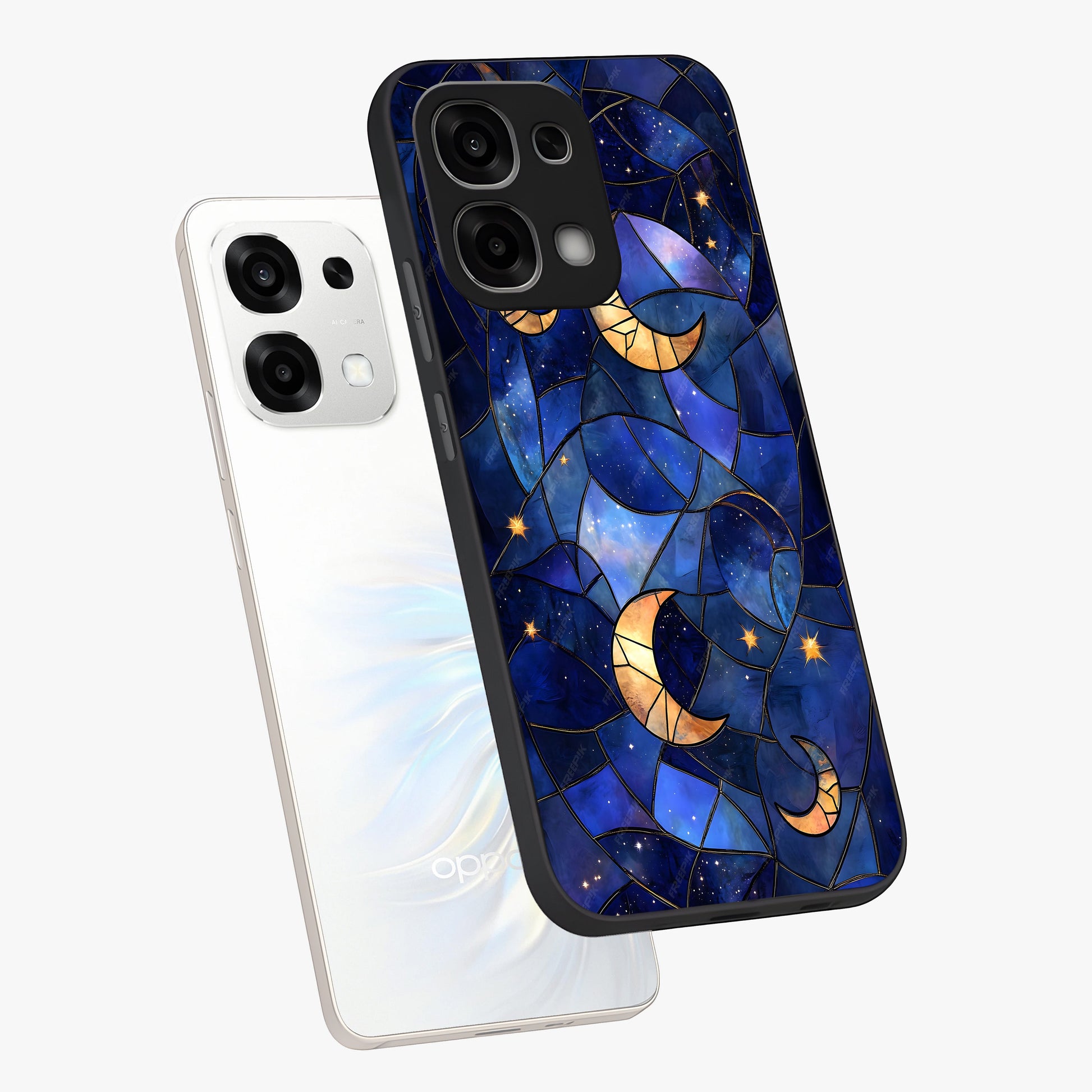 Starlit Sky Tapestry Glass Case displayed in angled mockup highlighting celestial night pattern with artistic aesthetic style.