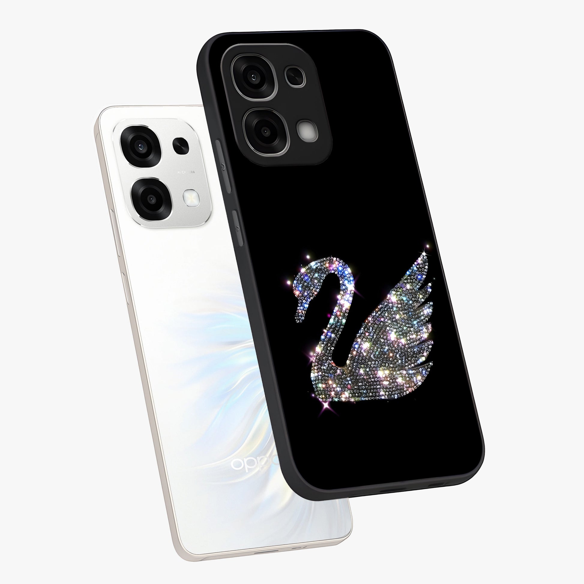 Starlit Swan Grace Glass Case displayed in angled mockup highlighting elegant swan illustration with dreamy celestial aesthetic.