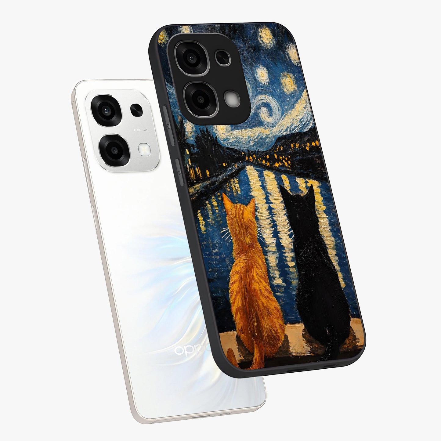 Starry River Cats Glass Case displayed in angled mockup highlighting charming feline illustration with dreamy night aesthetic.