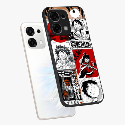 Strawhat Chaos Panels Glass Case displayed in angled mockup highlighting vibrant anime collage design with action aesthetic.