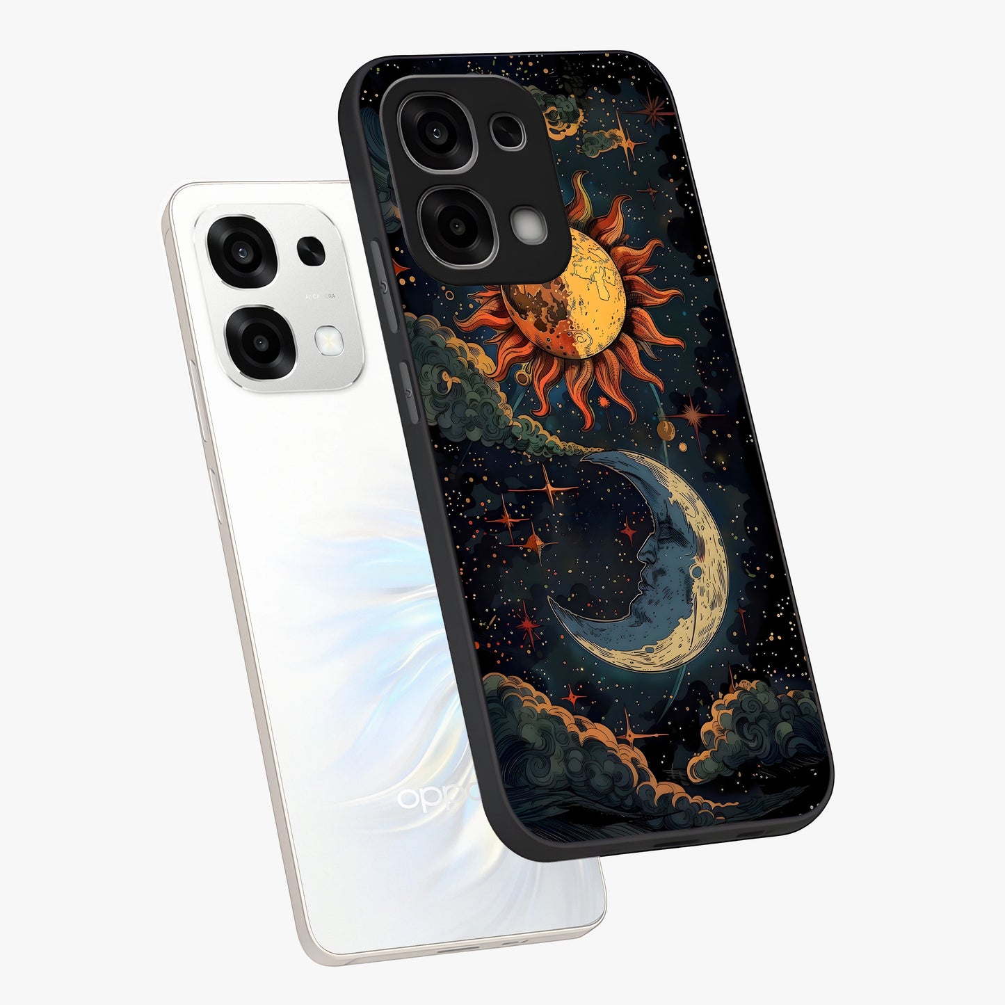 Sun And Moon Magic Design Glass Case displayed in angled mockup highlighting celestial design with magical cosmic aesthetic.