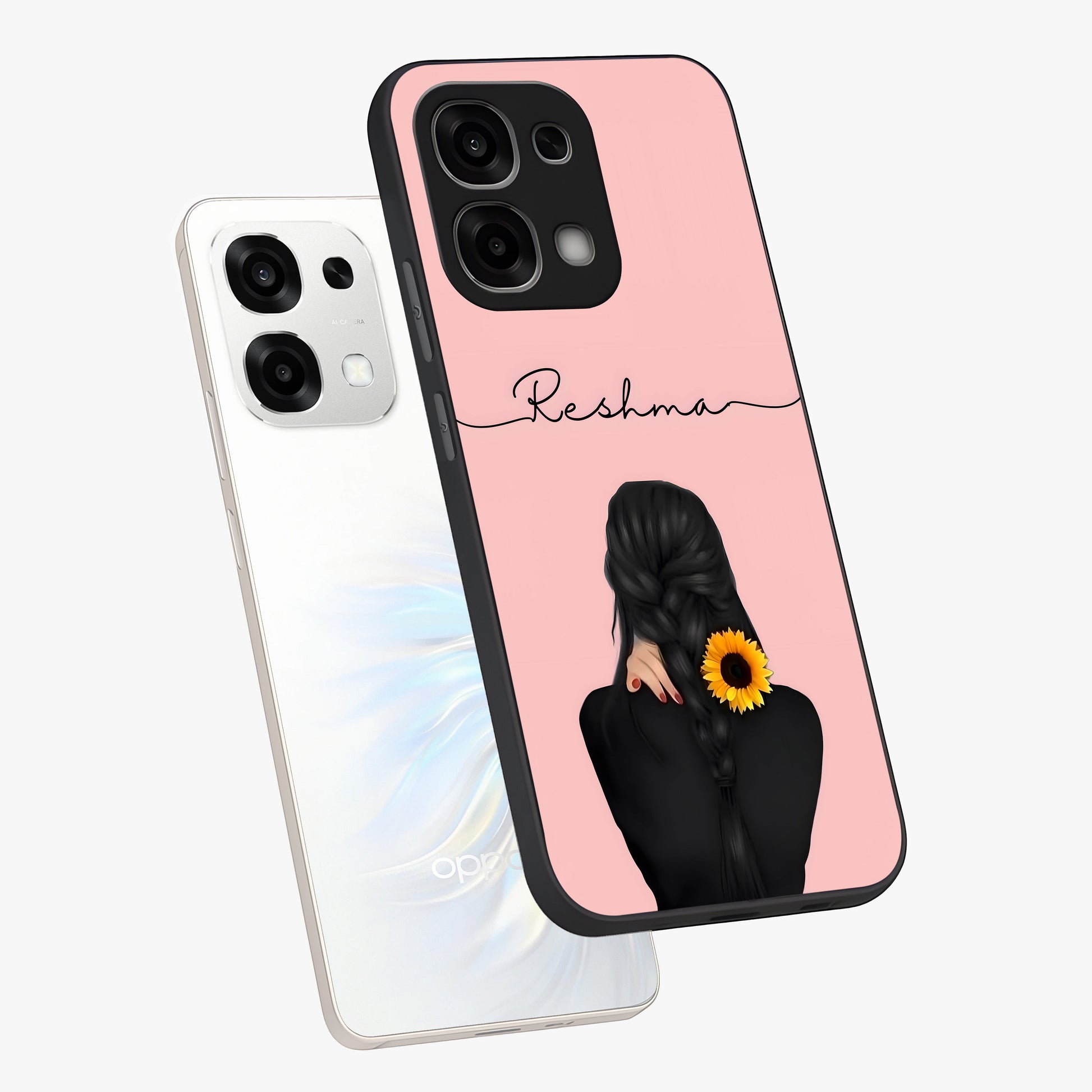 Sunflower Braid Beauty With Custom Name Glass Case displayed in angled mockup highlighting elegant sunflower design with custom name feature.