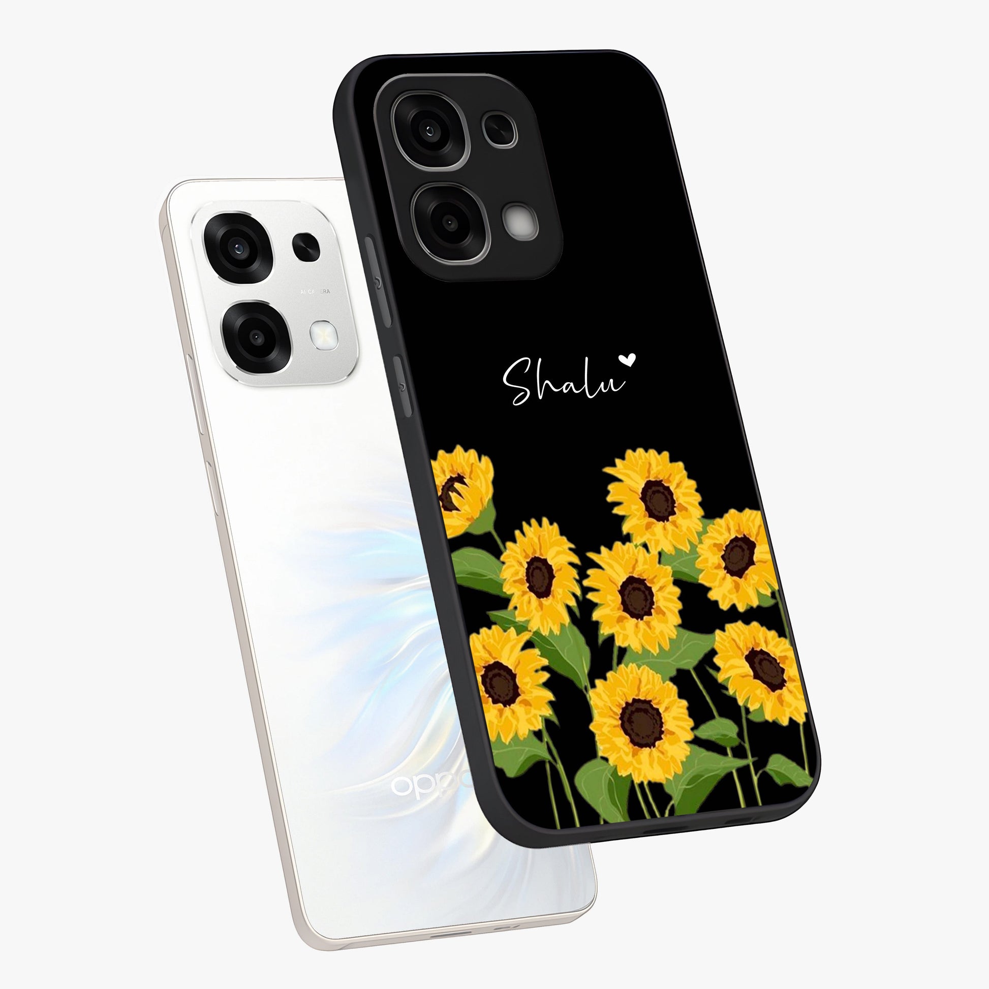 Sunflower Chic Mood Custom Name Glass Case displayed in angled mockup highlighting vibrant sunflower design with custom name feature.