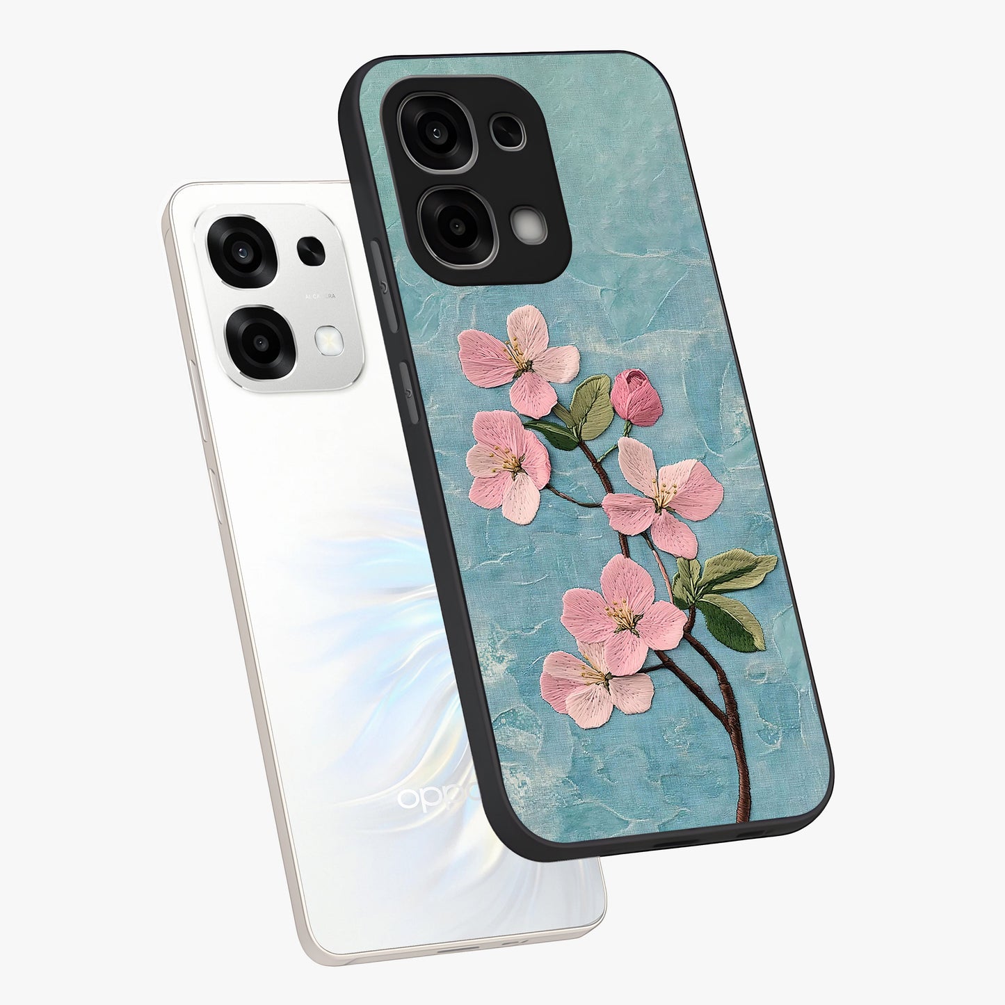Threaded Blossom Breeze Glass Case displayed in angled mockup highlighting elegant floral design with soft aesthetic style.