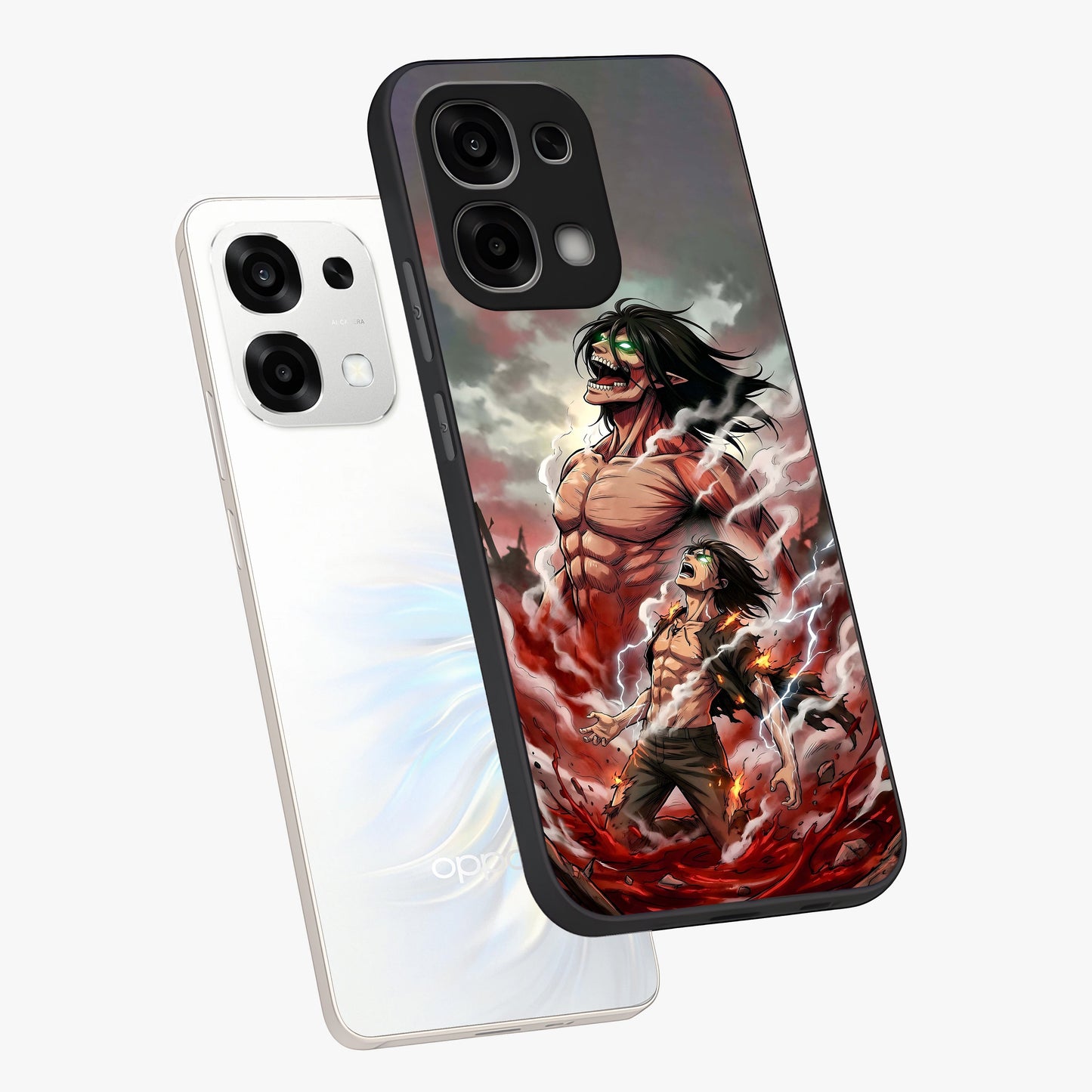 Titan Awakening Fury Glass Case displayed in angled mockup highlighting dramatic giant warrior design with bold anime aesthetic.