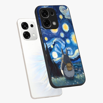 Totoro In Van Gogh Art Glass Case displayed in angled mockup highlighting artistic swirling sky design with playful animation aesthetic.