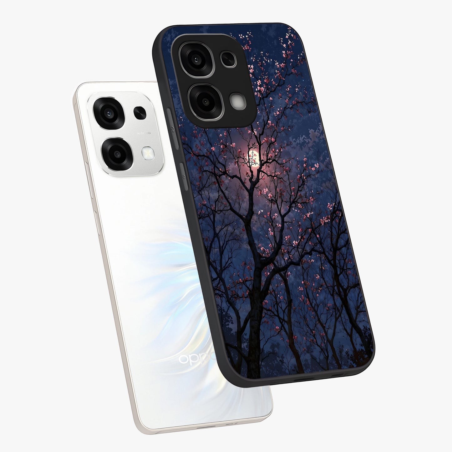 Twilight Sakura Serenade Glass Case displayed in angled mockup highlighting delicate sakura flower design with dreamy aesthetic.
