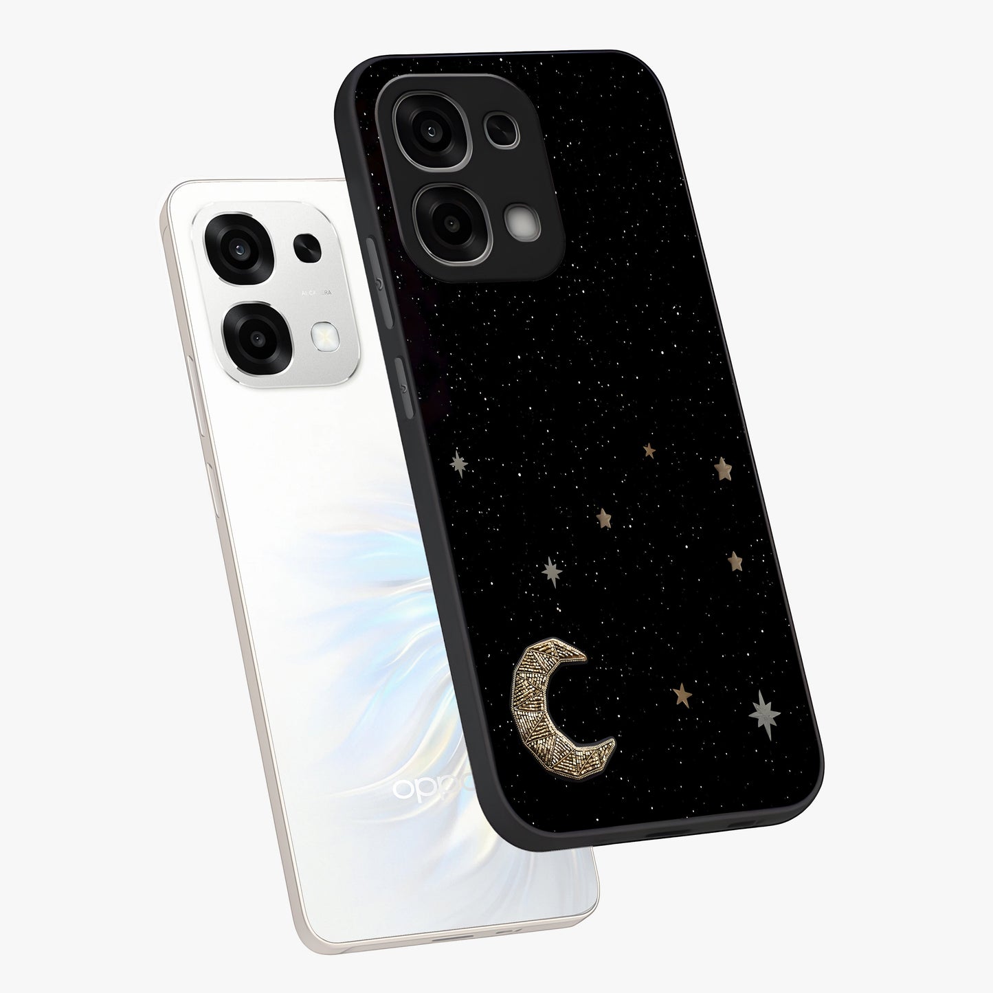 Twinkle Star With Half Moon Glass Case displayed in angled mockup highlighting celestial moon and star design with magical aesthetic.