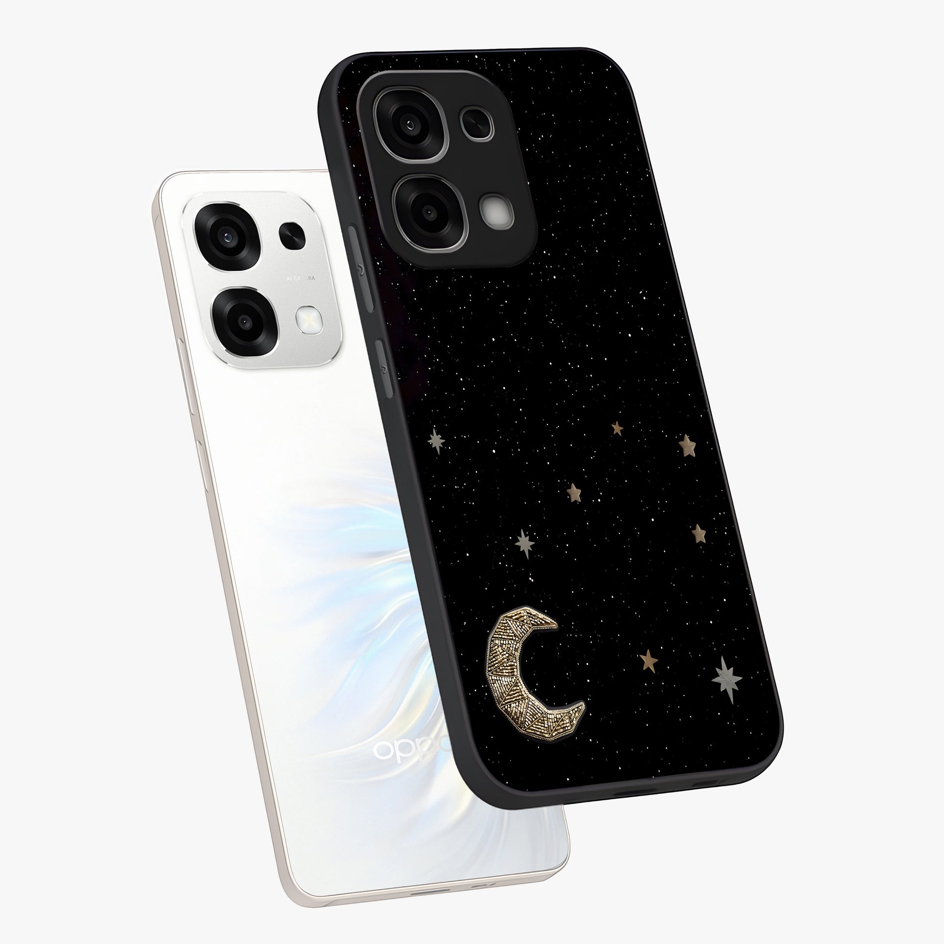 Twinkle Star With Half Moon Glass Case displayed in angled mockup highlighting celestial moon and star design with magical aesthetic.