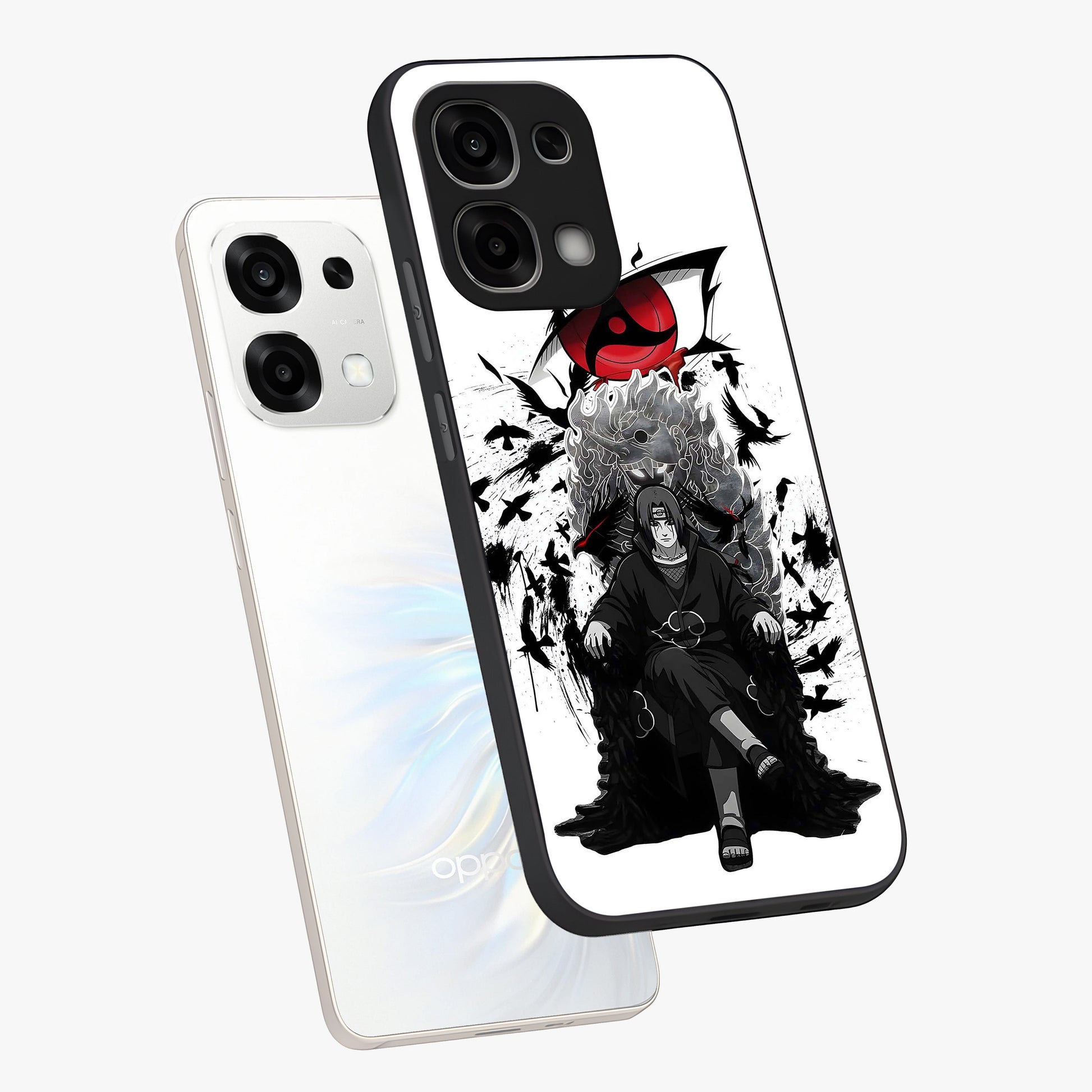 Uchiha Shadow Throne Glass Case displayed in angled mockup highlighting glowing aquatic design with celestial aesthetic.