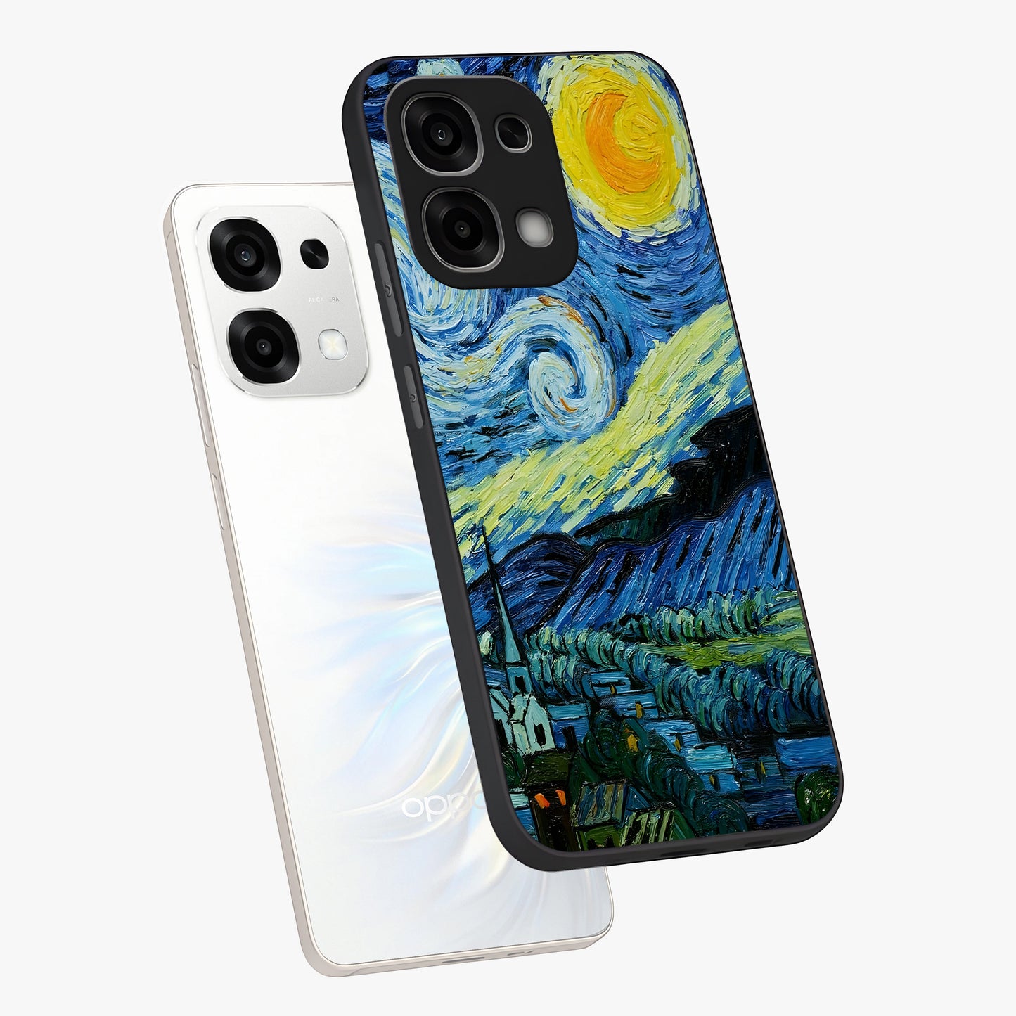 Van Gogh Art Glass Case displayed in angled mockup highlighting swirling brushstroke design with artistic aesthetic.