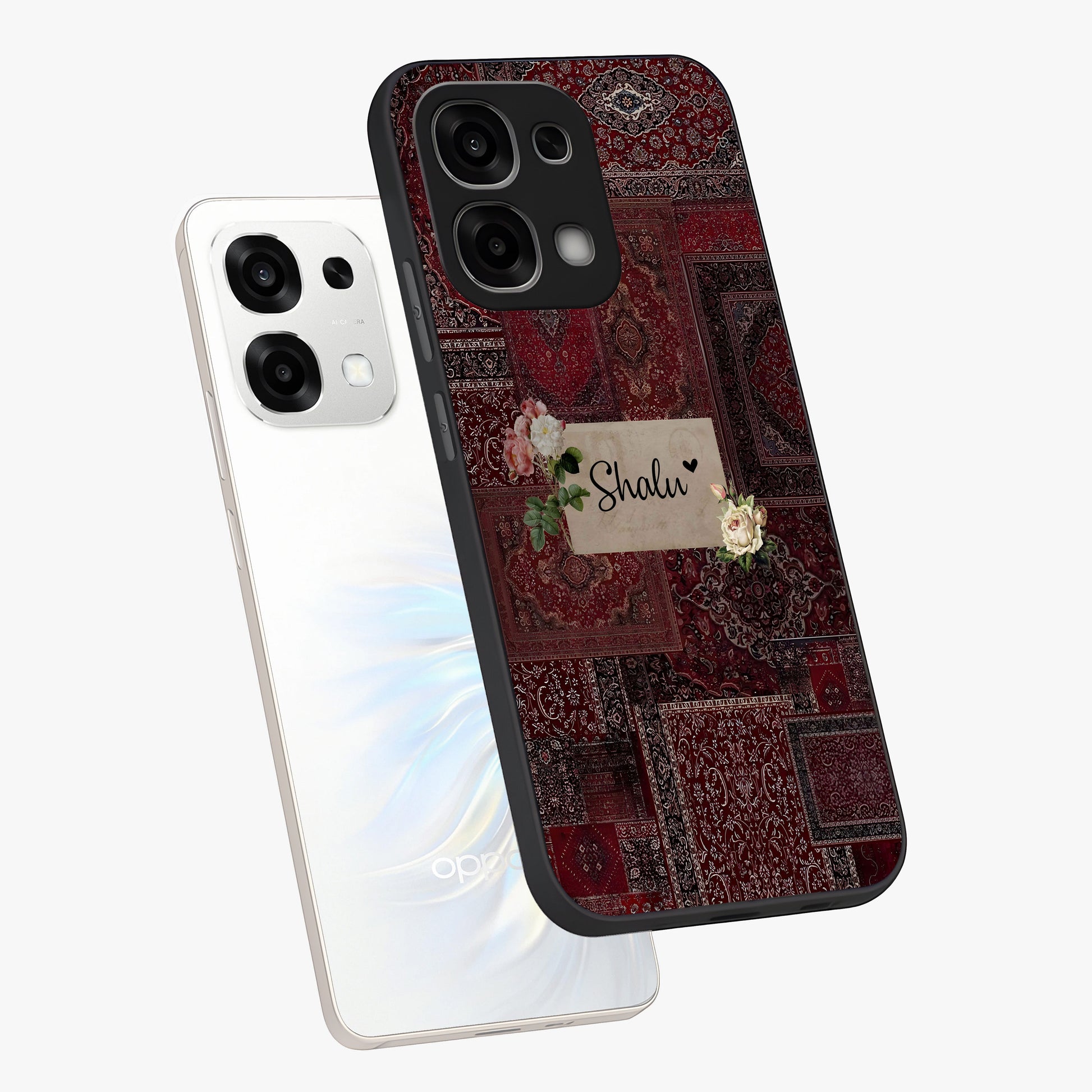 Velvet Wine Pattern Custom Name Glass Case displayed in angled mockup highlighting decorative velvet inspired design with custom name feature.