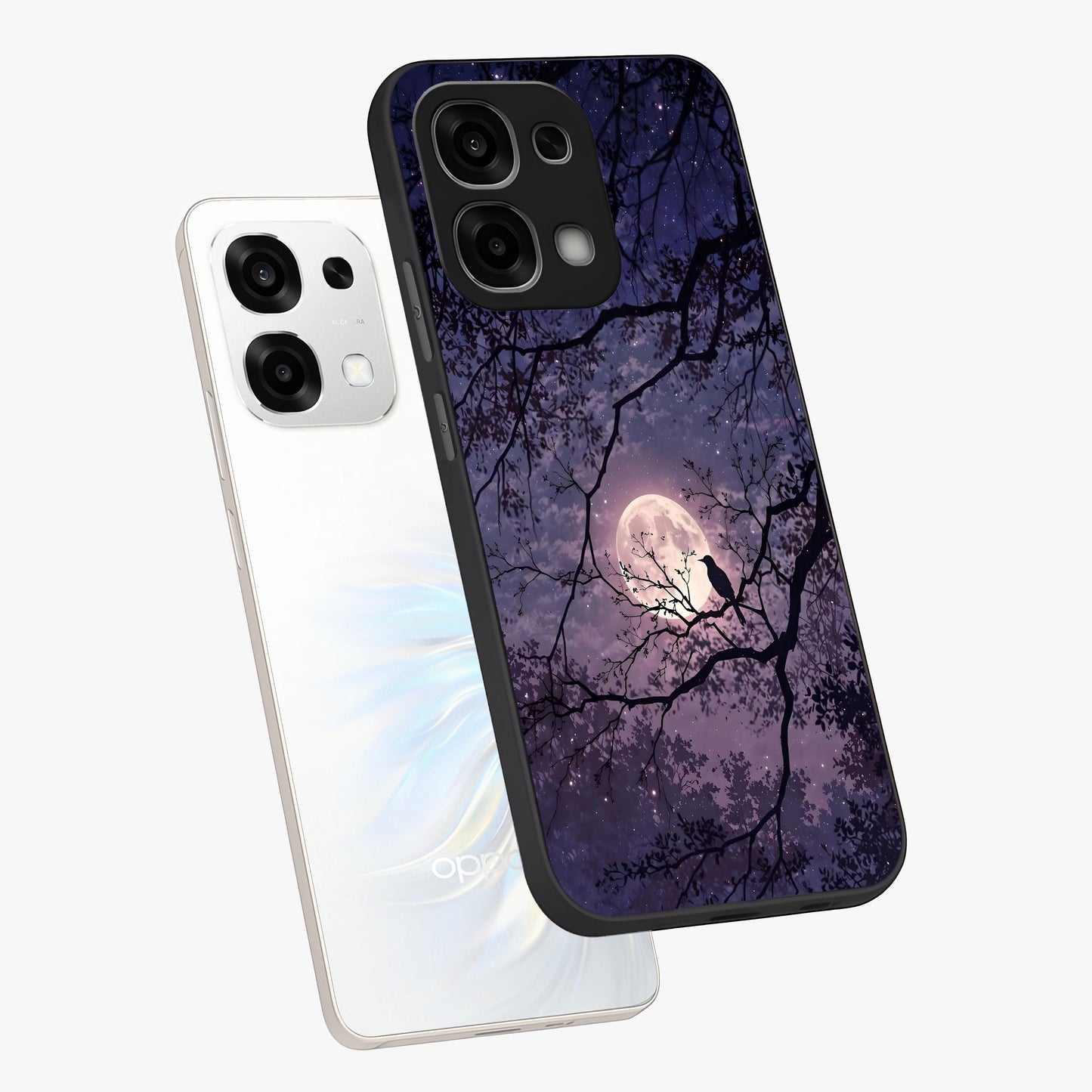 Whispering Moon Silence Glass Case displayed in angled mockup highlighting calm lunar design with dreamy night aesthetic.