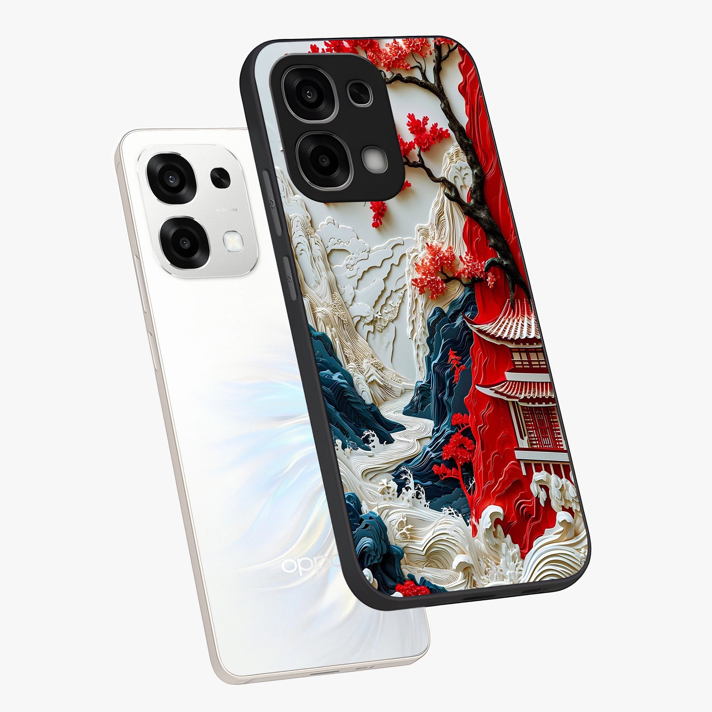 Whispers Of Sakura Waves Glass Case displayed in angled mockup highlighting flowing sakura design with soft floral aesthetic.