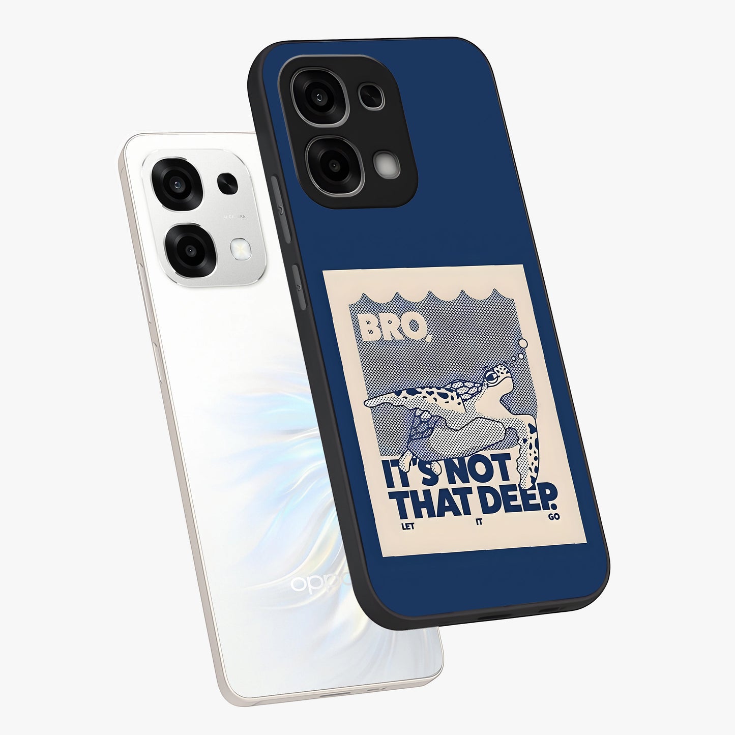 Worry Less Swim Glass Case displayed in angled mockup highlighting fun typography design with relaxed aesthetic style.