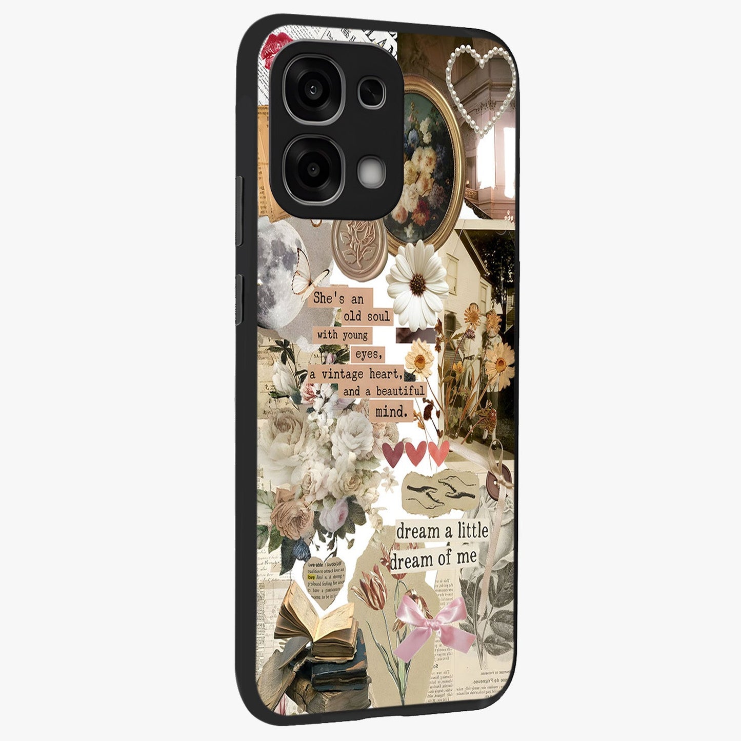 Aesthetic Brown Vintage Collage Glass Case upright view showcasing nostalgic retro artwork with stylish vintage theme.