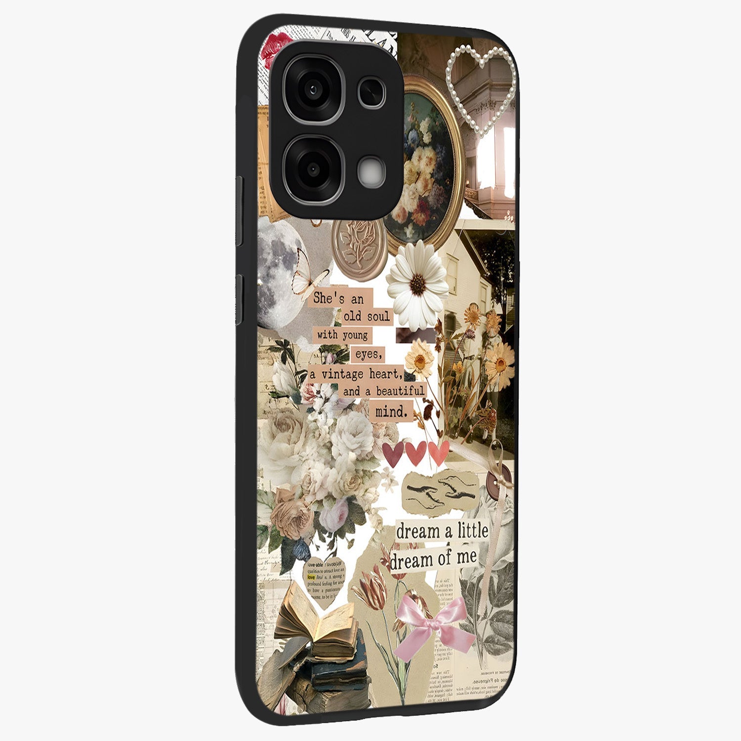 Aesthetic Brown Vintage Collage Glass Case upright view showcasing nostalgic retro artwork with stylish vintage theme.