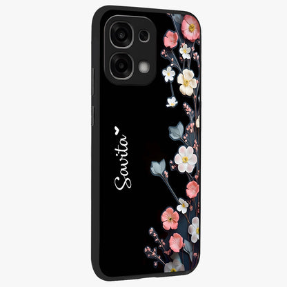 Black Elegance Floral Custom Name Glass Case upright view showcasing luxurious black floral design with personalized name detail.