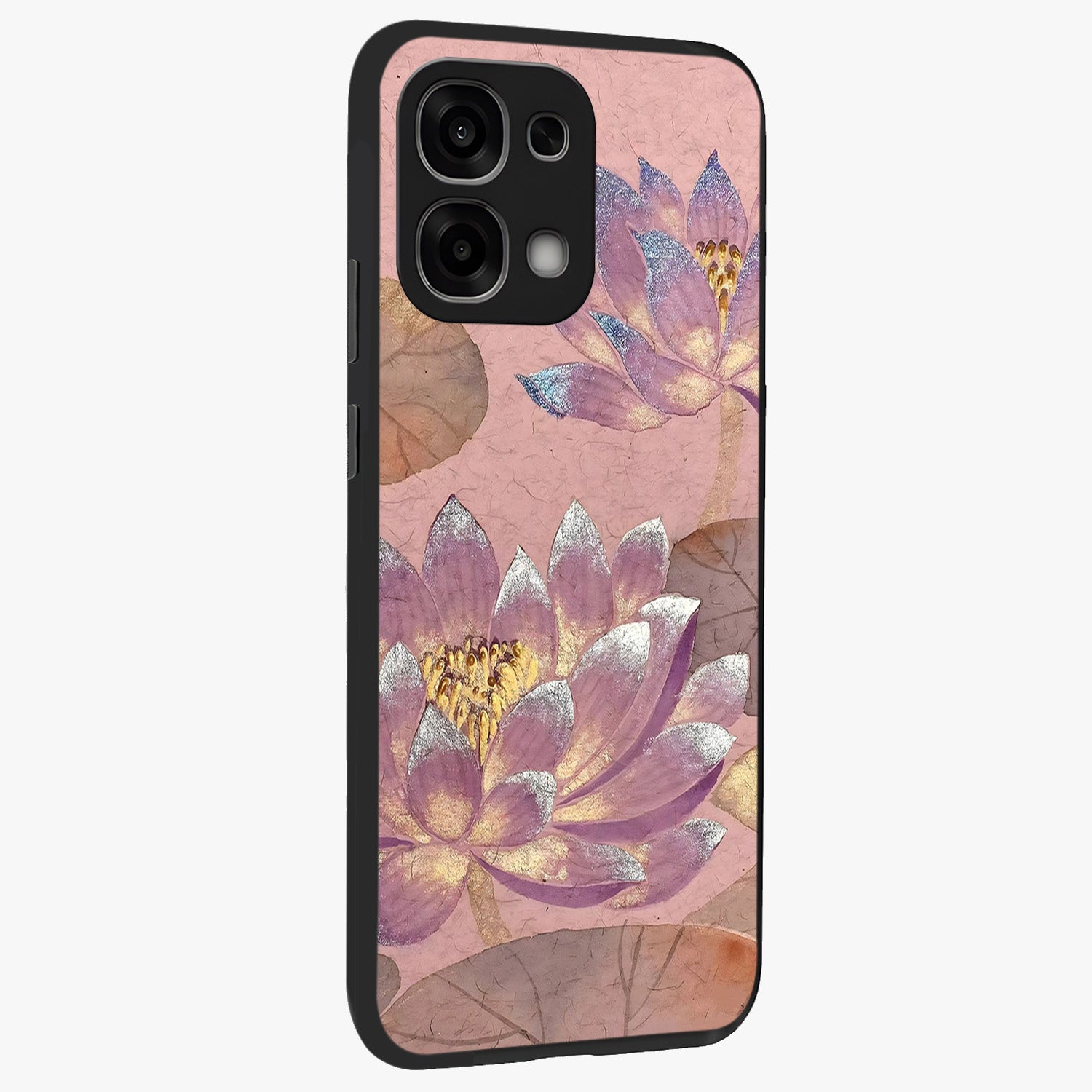Blossom Mist Lotus Glass Case upright view showcasing graceful lotus flower design with peaceful botanical style.