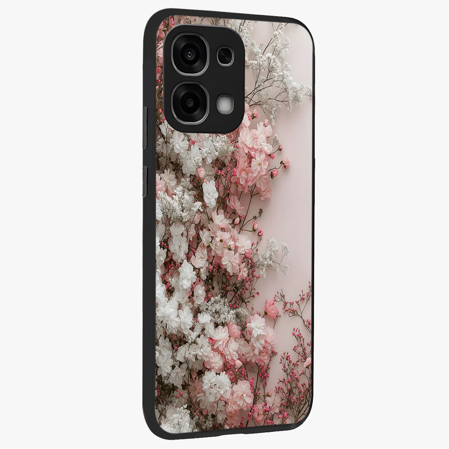 Blush Blossom Cloud Glass Case upright view showcasing calm floral cloud artwork with gentle dreamy theme.