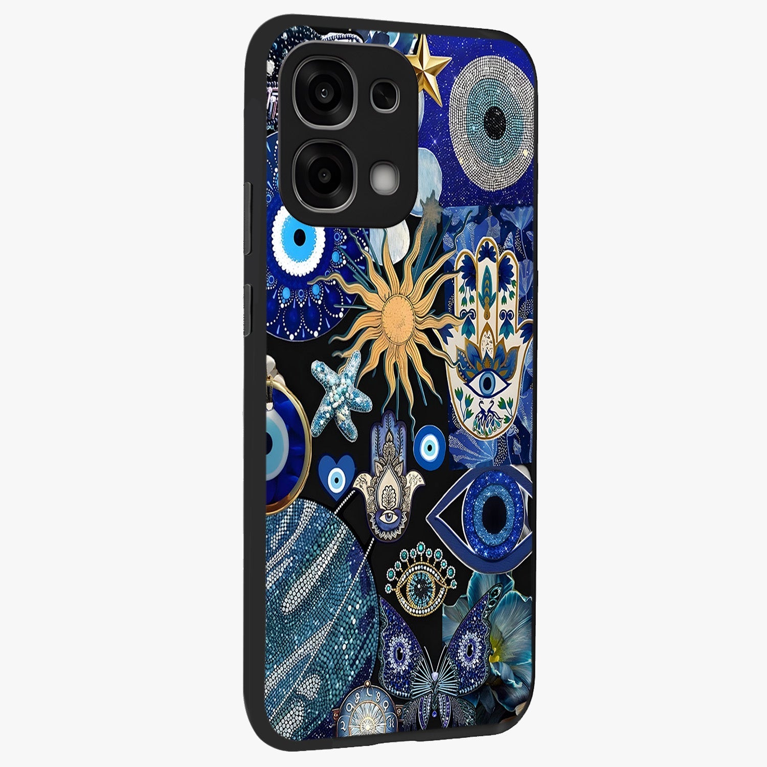 Evil Eye Charm Mix Glass Case upright view showcasing mystical evil eye pattern with vibrant decorative style.