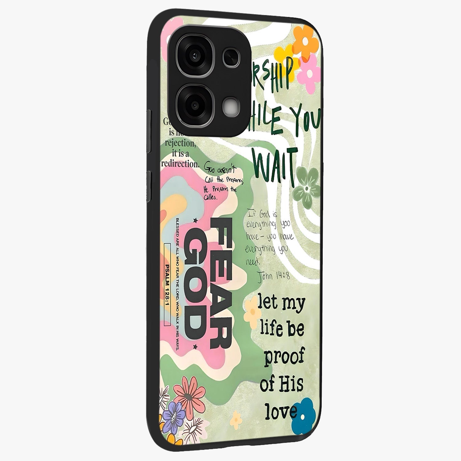 Faith Over Fear Glass Case upright view showcasing bold typography artwork with uplifting motivational theme.