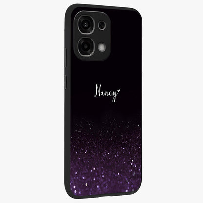 Glittery Purple Bokeh Custom Name Glass Case upright view showcasing vibrant purple sparkle artwork with personalized aesthetic style.