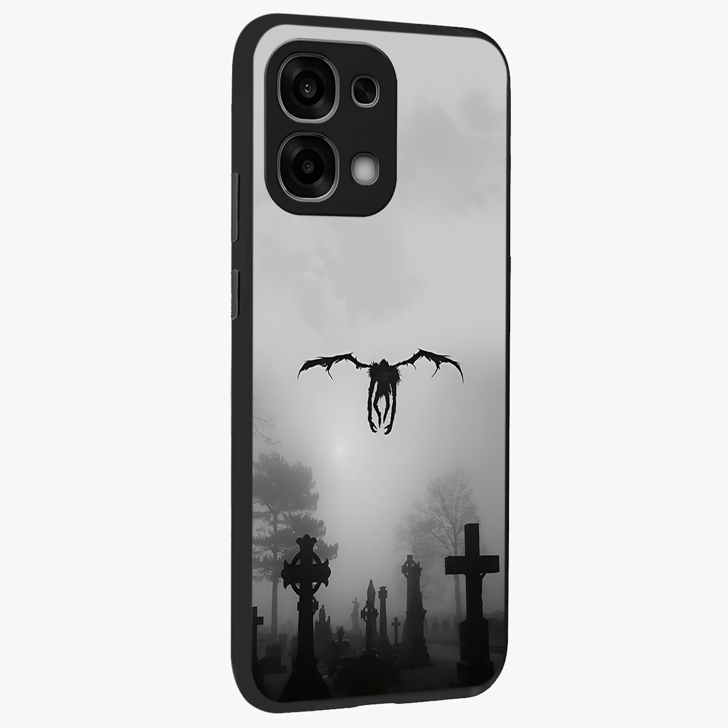 Graveyard Shadow Descent Glass Case upright view showcasing haunting graveyard artwork with dramatic dark theme.