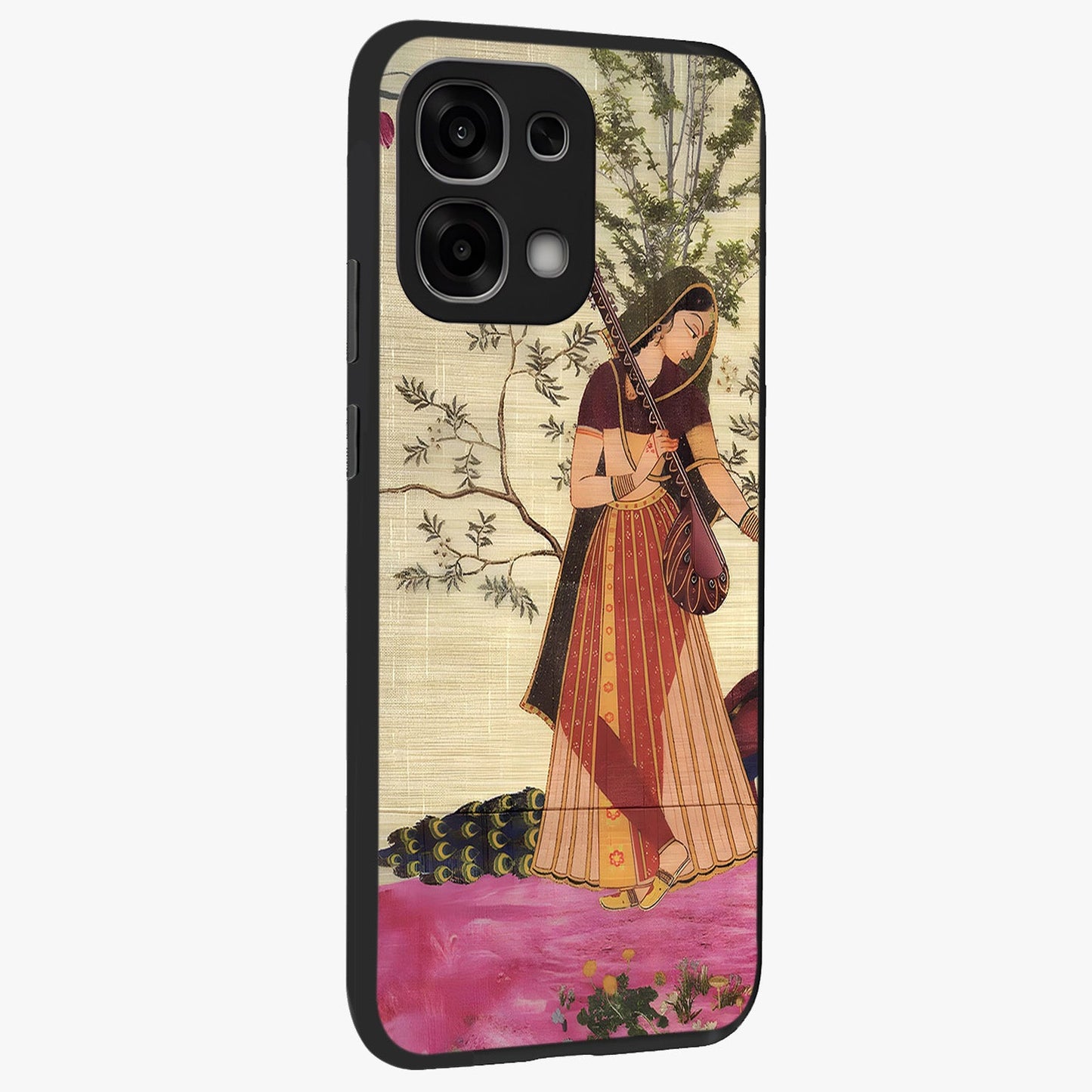 Lady With Veena Art Glass Case upright view showcasing classical veena artwork with traditional artistic theme.