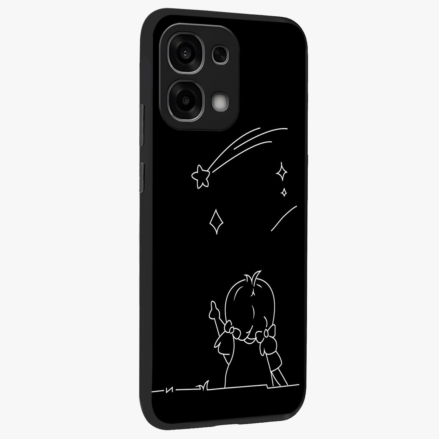Line Art Girl With Shooting Stars Glass Case upright view showcasing delicate shooting stars artwork with minimal artistic theme.