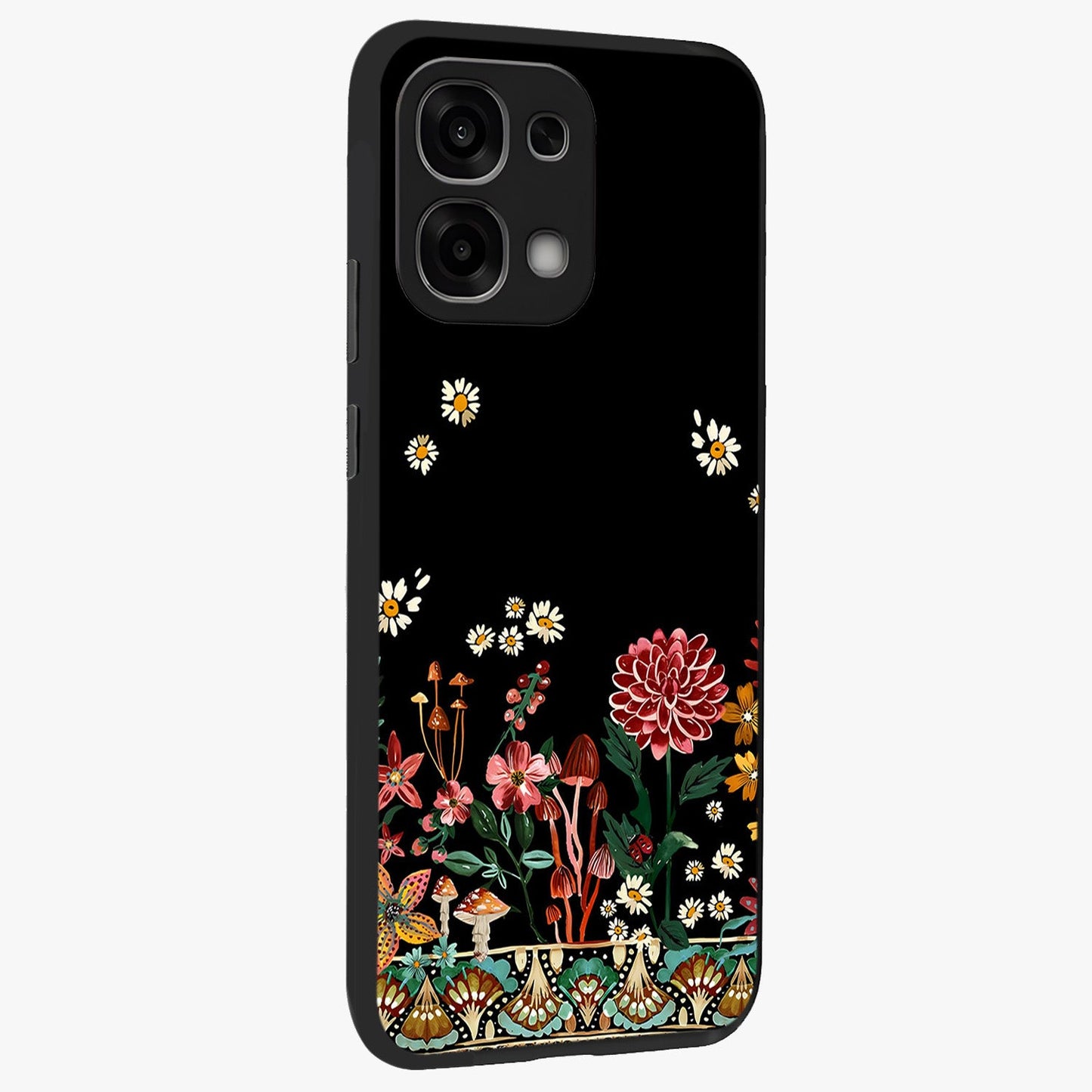 Midnight Bloom Pattern Glass Case upright view showcasing decorative floral artwork with deep night themed palette.