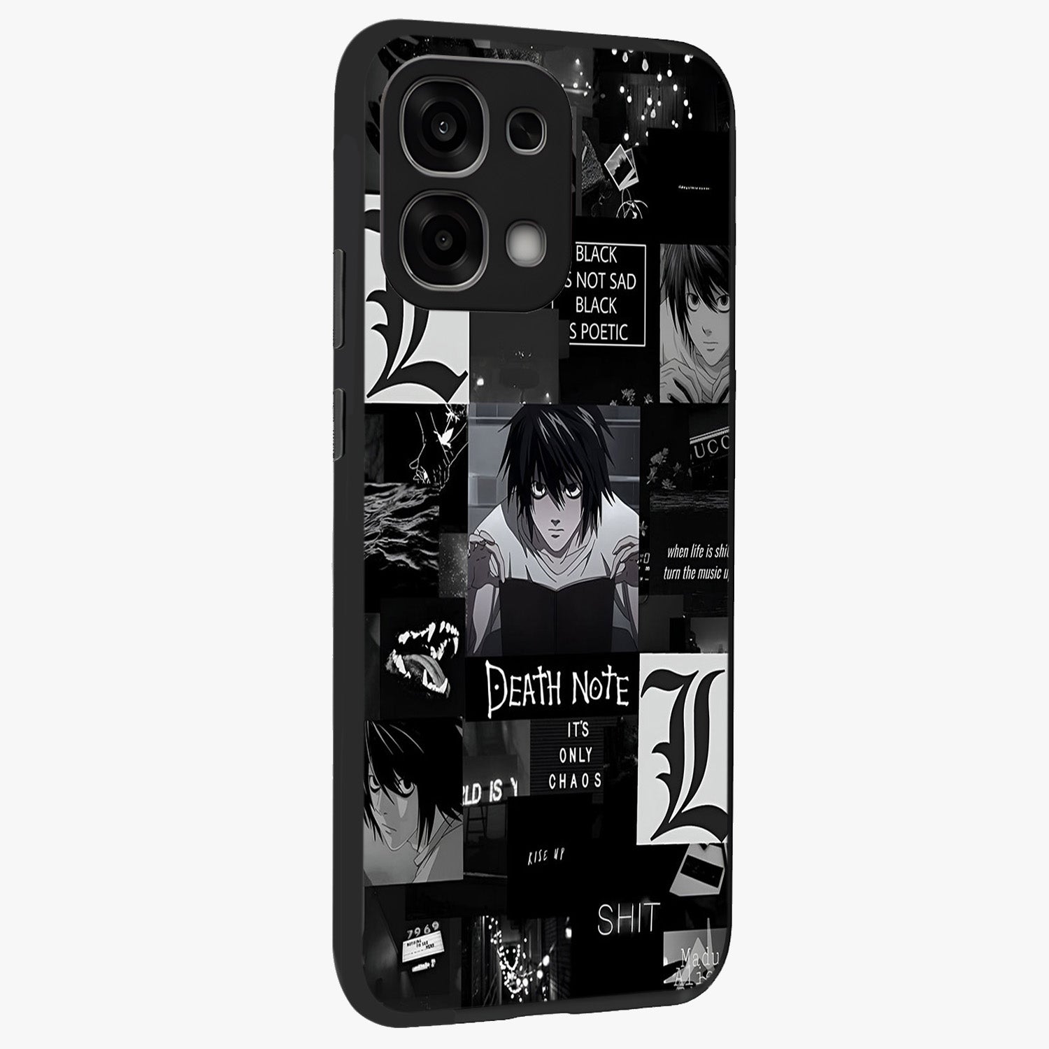 Midnight Chaos Mind Glass Case upright view showcasing expressive abstract artwork with bold dark theme.