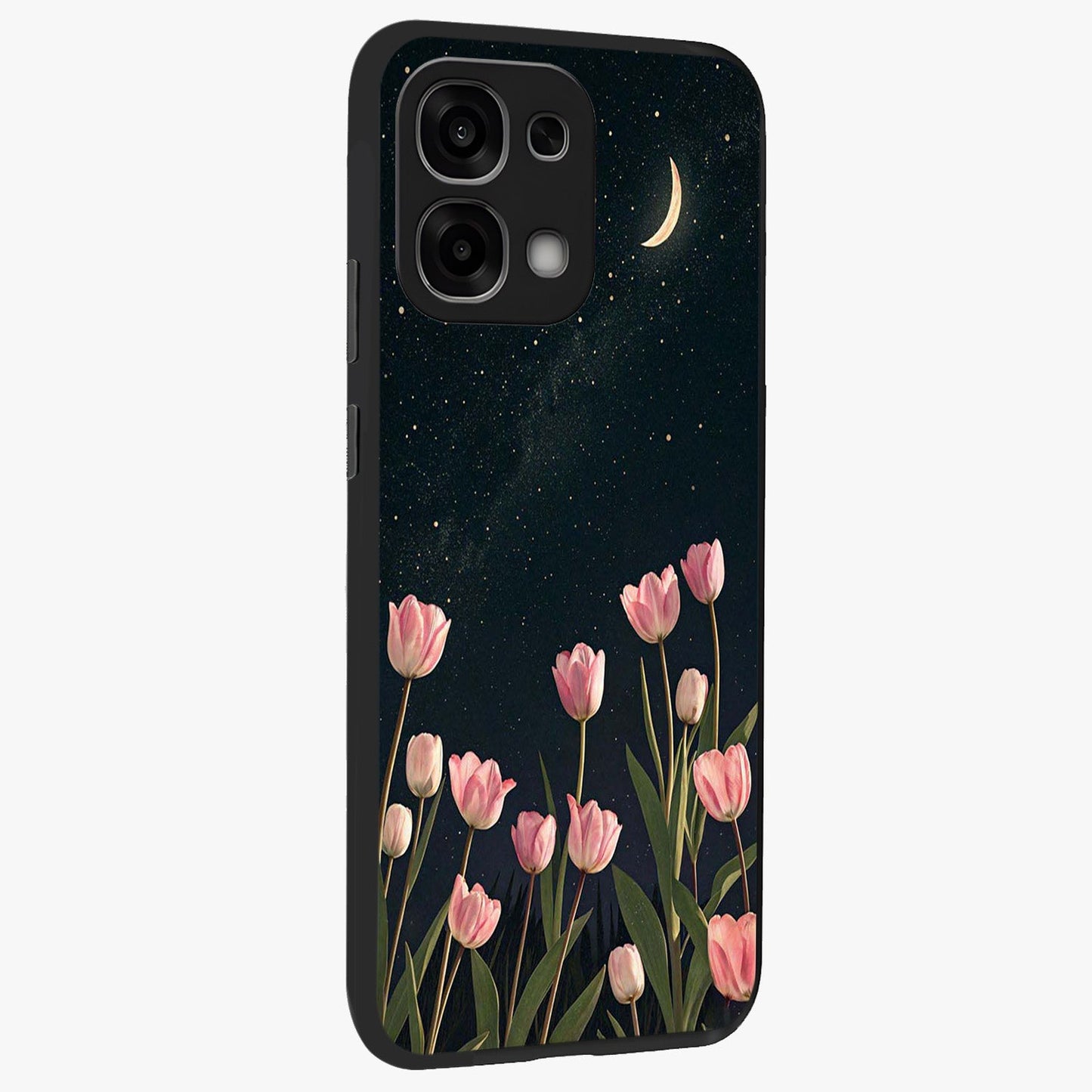 Midnight Tulip Whispers Vibe Glass Case upright view showcasing graceful tulip artwork with calm botanical theme.