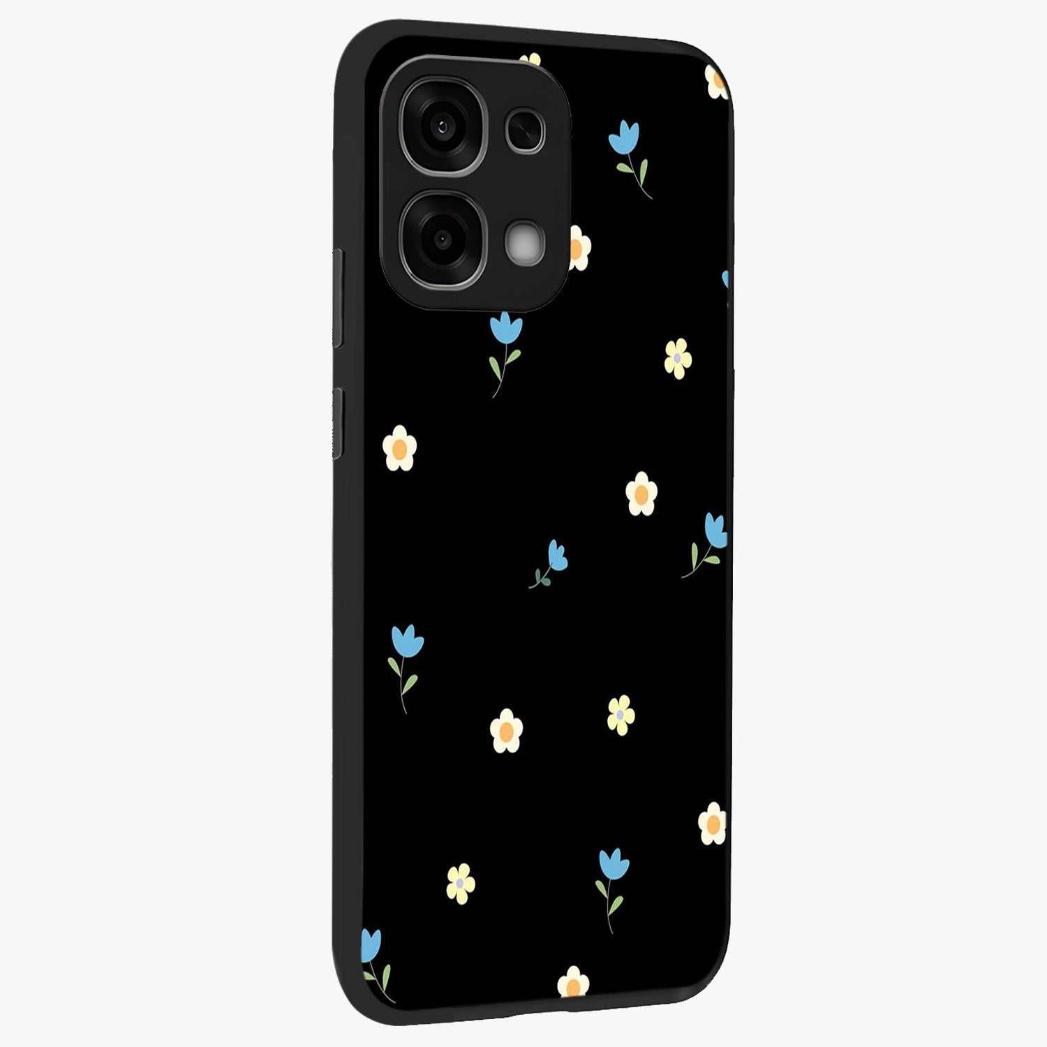 Minimal Petal Whispers Glass Case upright view showcasing elegant floral artwork with modern minimalist style.