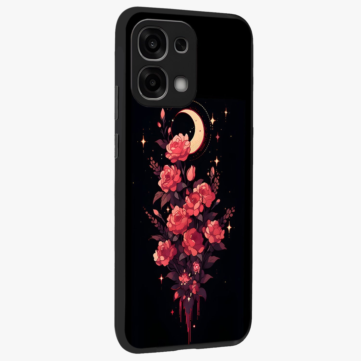 Moonlit Floral Elegance Glass Case upright view showcasing delicate floral artwork with refined night inspired theme.