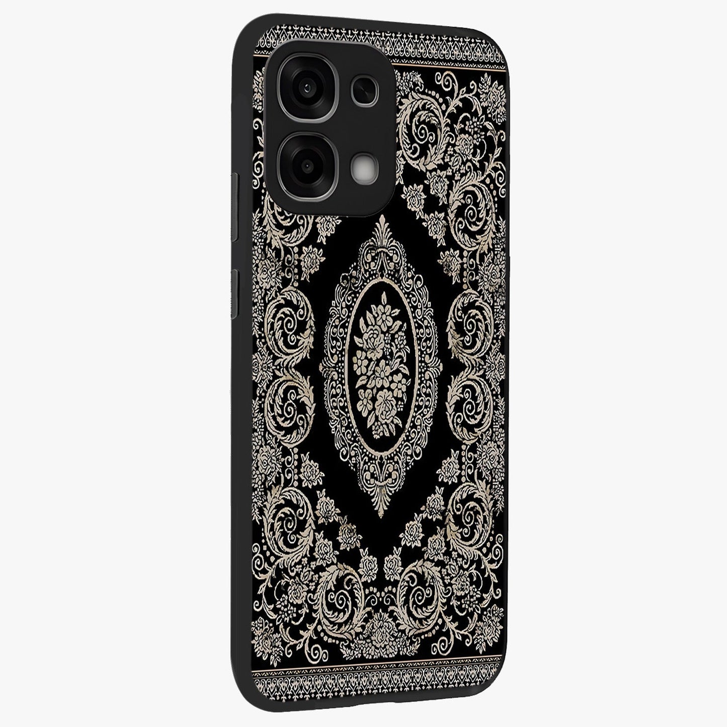 Noir Bloom Elegance Glass Case upright view showcasing graceful floral artwork with luxurious dark theme.