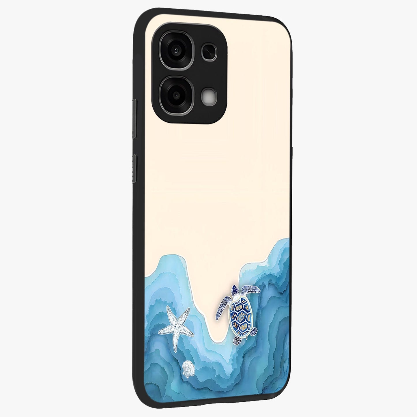 Ocean Drift Turtle Glass Case upright view showcasing calm underwater turtle artwork with nature inspired theme.