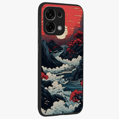 Red Sunset Scenery Glass Case upright view showcasing dramatic sunset scenery artwork with warm nature theme.