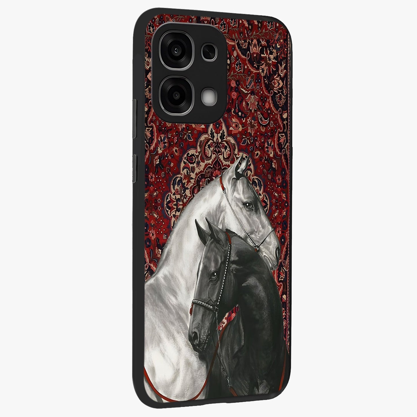 Regal Stallion Tapestry Glass Case upright view showcasing powerful horse artwork with elegant tapestry theme.