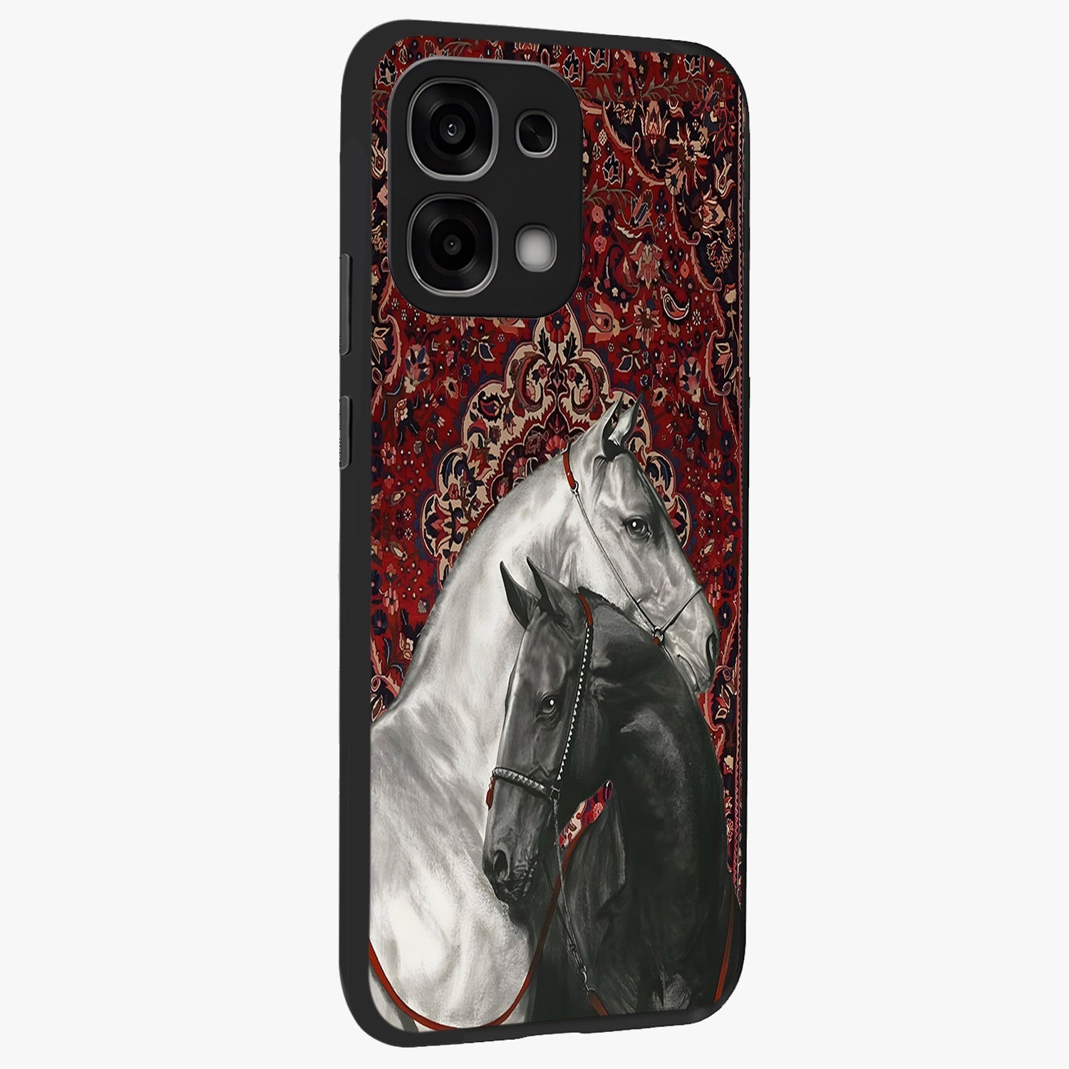 Regal Stallion Tapestry Glass Case upright view showcasing powerful horse artwork with elegant tapestry theme.
