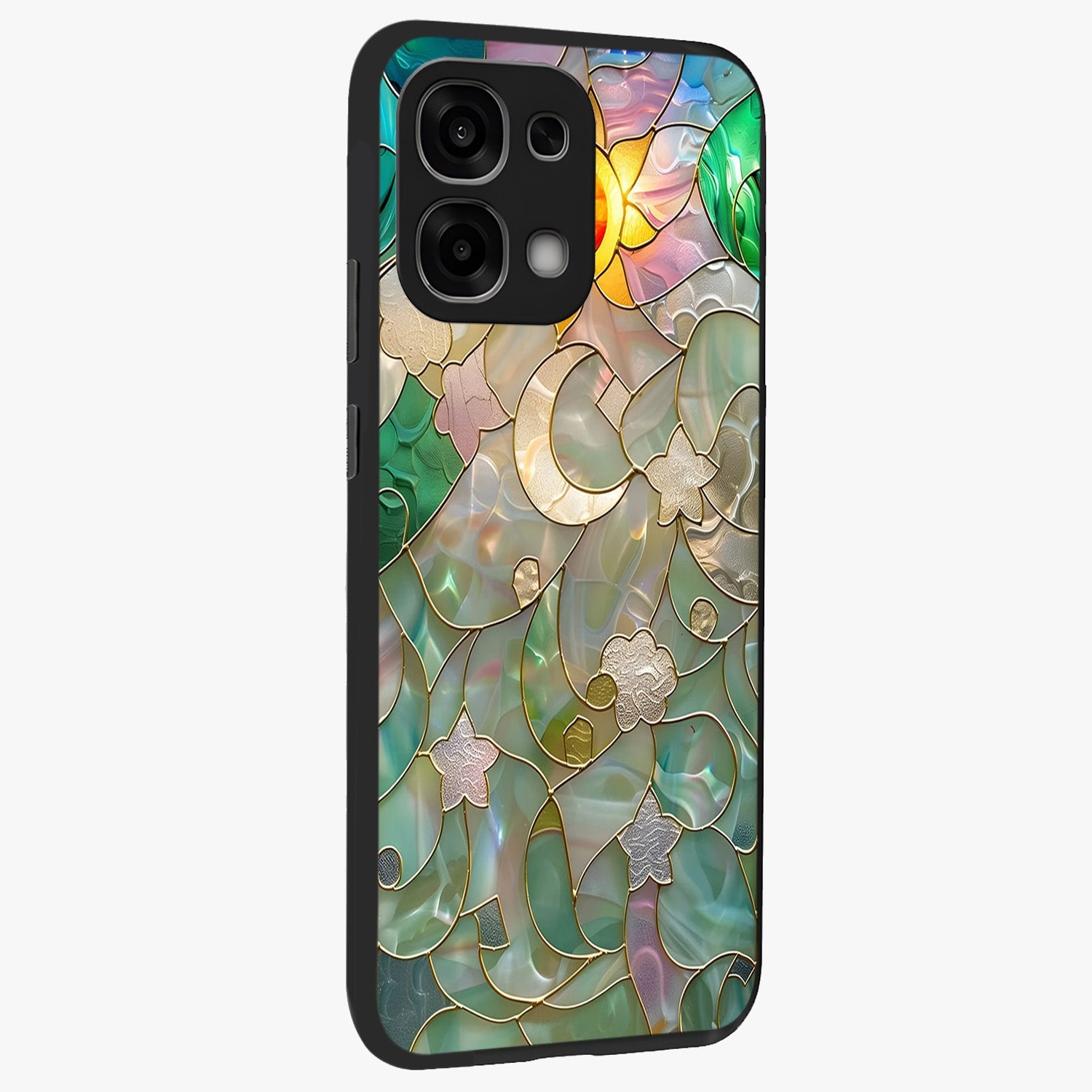 Stained Sunrise Glow Glass Case upright view showcasing colorful sunrise artwork with warm morning theme.
