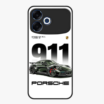 911 Turbo Dominance Glass Case showing clean flat back view with bold 911 sports car artwork and glossy glass finish.