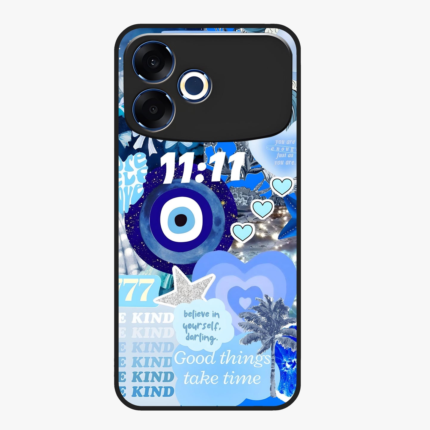 Aesthetic Be Kind Eye Glass Case showing flat back view with motivational eye artwork and glossy glass finish.